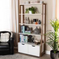 Baxton Studio BC 1684-00-Ash Walnut/White-Shelf Senja Modern and Contemporary Two-Tone White and Ash Walnut Brown Finished Wood 2-Door Ladder Bookshelf